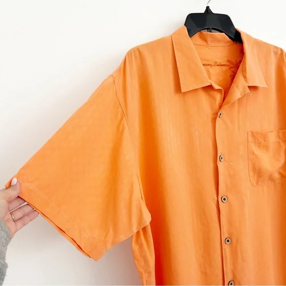 100% Silk Tommy Bahama Bright Coral Orange Short Sleeve Button Down Shirt XL - Picture 3 of 6